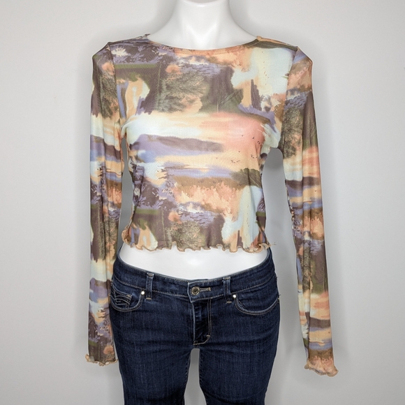 Green Orange Mesh Abstract Nature Long Sleeve Crop Top M - Picture 1 of 7